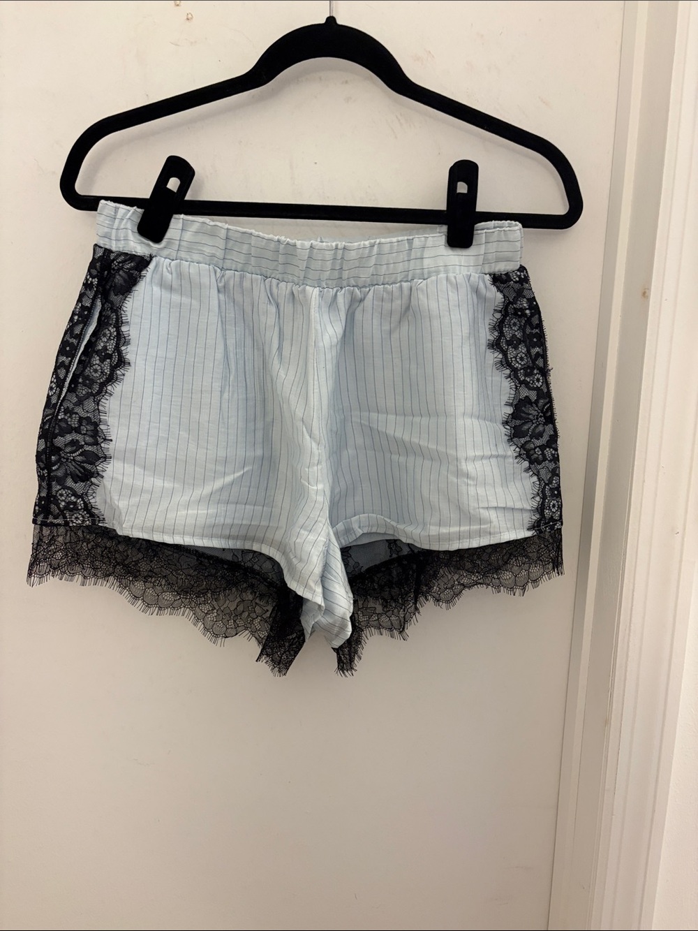 Striped Light Blue Sleep Shorts with Black Lace Trim